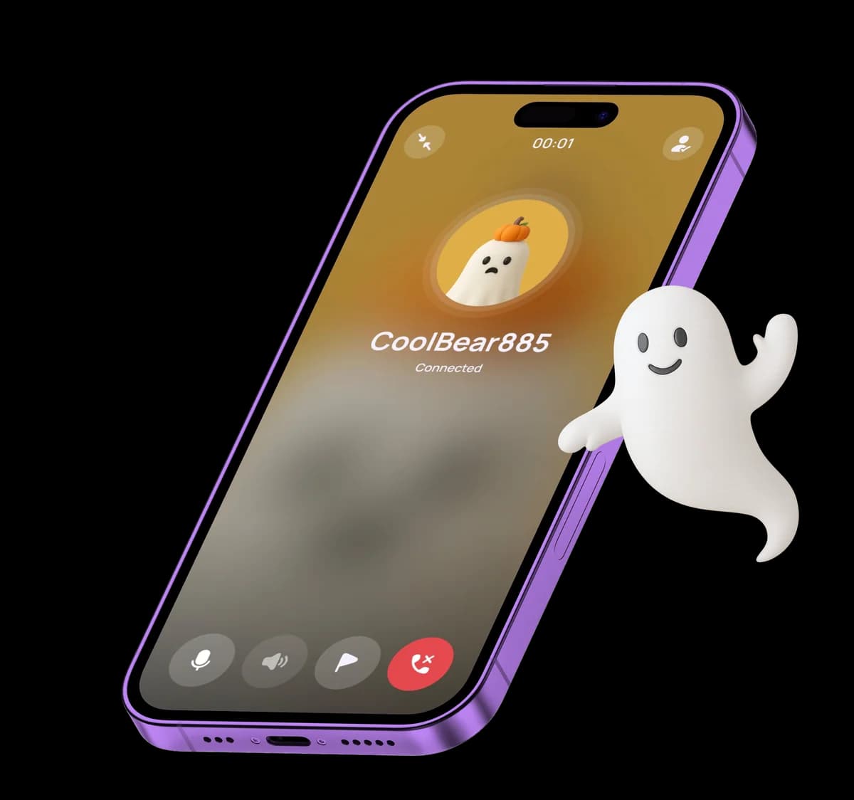 Whisperly voice call mockup on a phone with a waving ghost